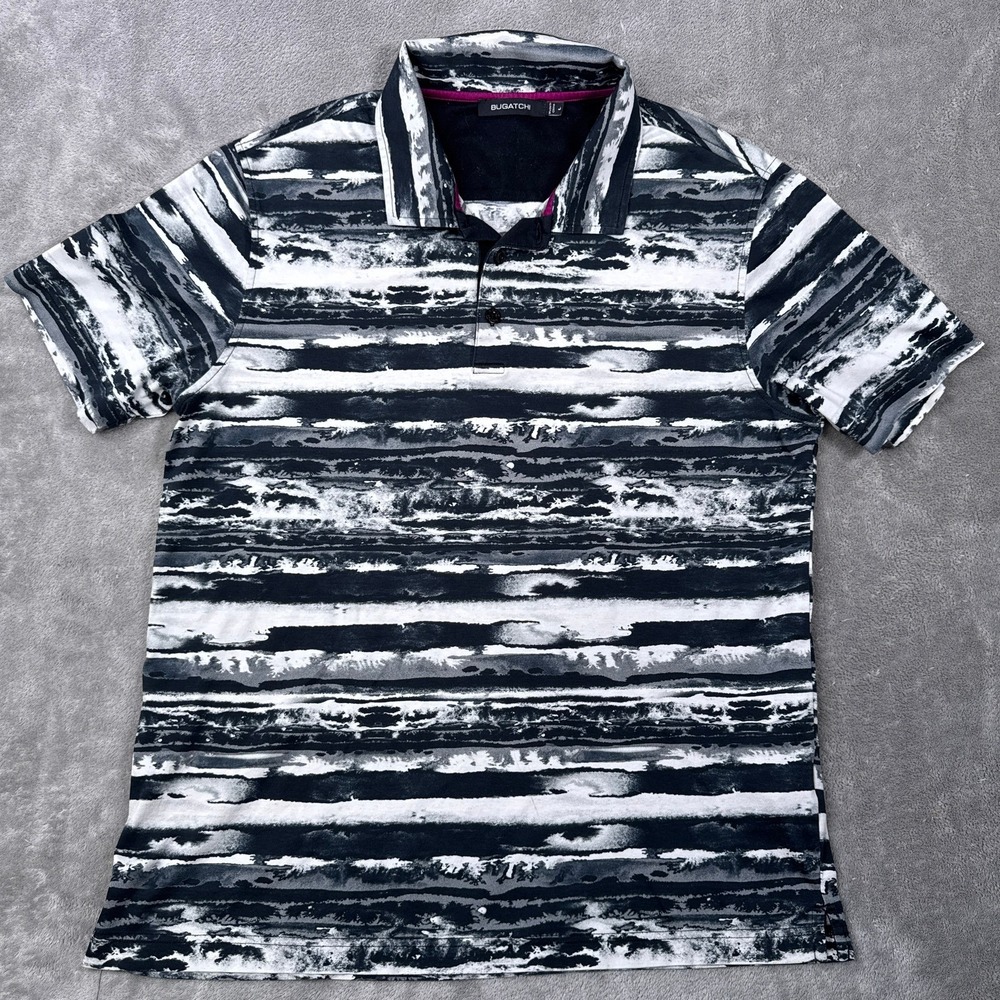 Bugatchi Polo Shirt Mens L Black White Abstract Stripe Short Sleeve Polo